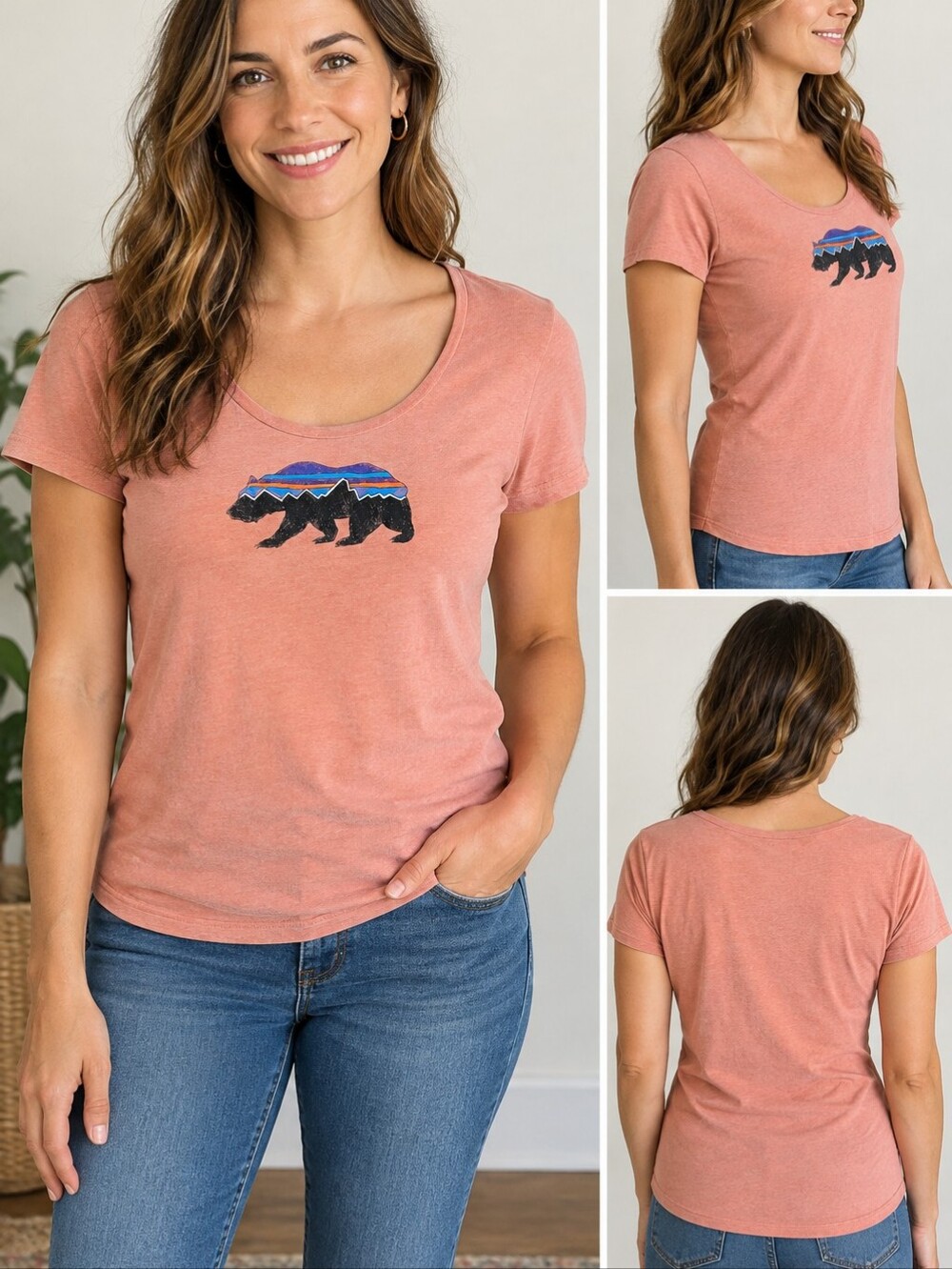 Patagonia Fitz Roy Bear Tee Women's XL Coral Pink Organic Cotton Scoop Neck